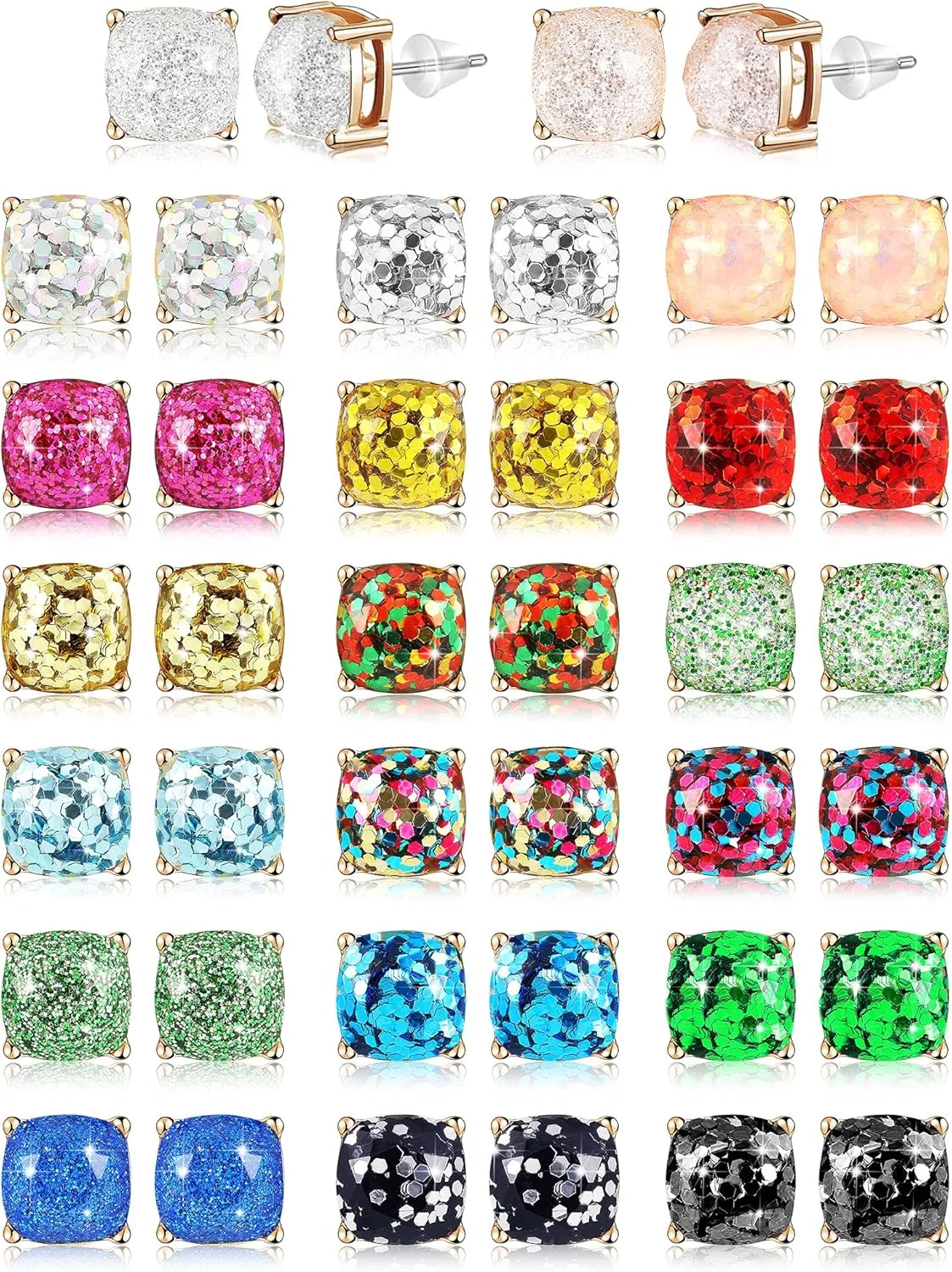 20 Pairs Druzy Stud Earrings for Women Glitter Stud Earring Princess Cut Cubic Zirconia Birthday Gifts for Women Mom Girlfriend(0.4 x 0.4 Inch,Square Style)