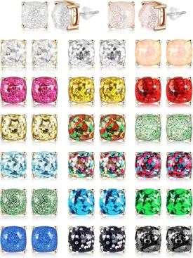 20 Pairs Druzy Stud Earrings for Women Glitter Stud Earring Princess Cut Cubic Zirconia Birthday Gifts for Women Mom Girlfriend(0.4 x 0.4 Inch,Square Style)