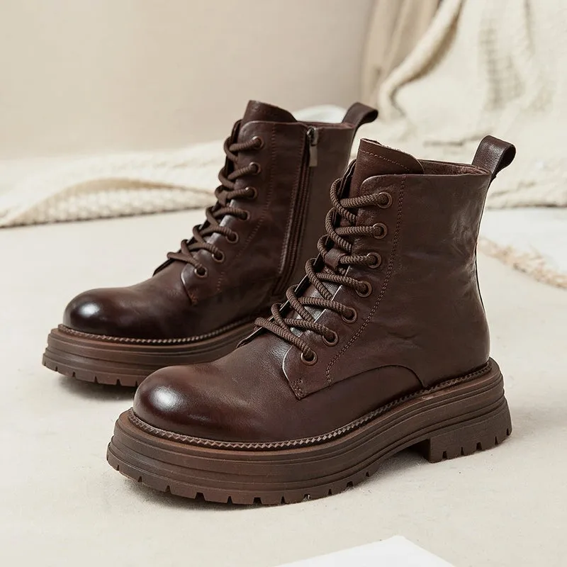 50mm Platform Boots Lace up Leather Martin Boots Round Toe Combat Boots in Brown/Black