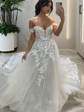 A-Line Off-the-Shoulder Chapel Train Tulle Wedding Dress with Appliques Lace