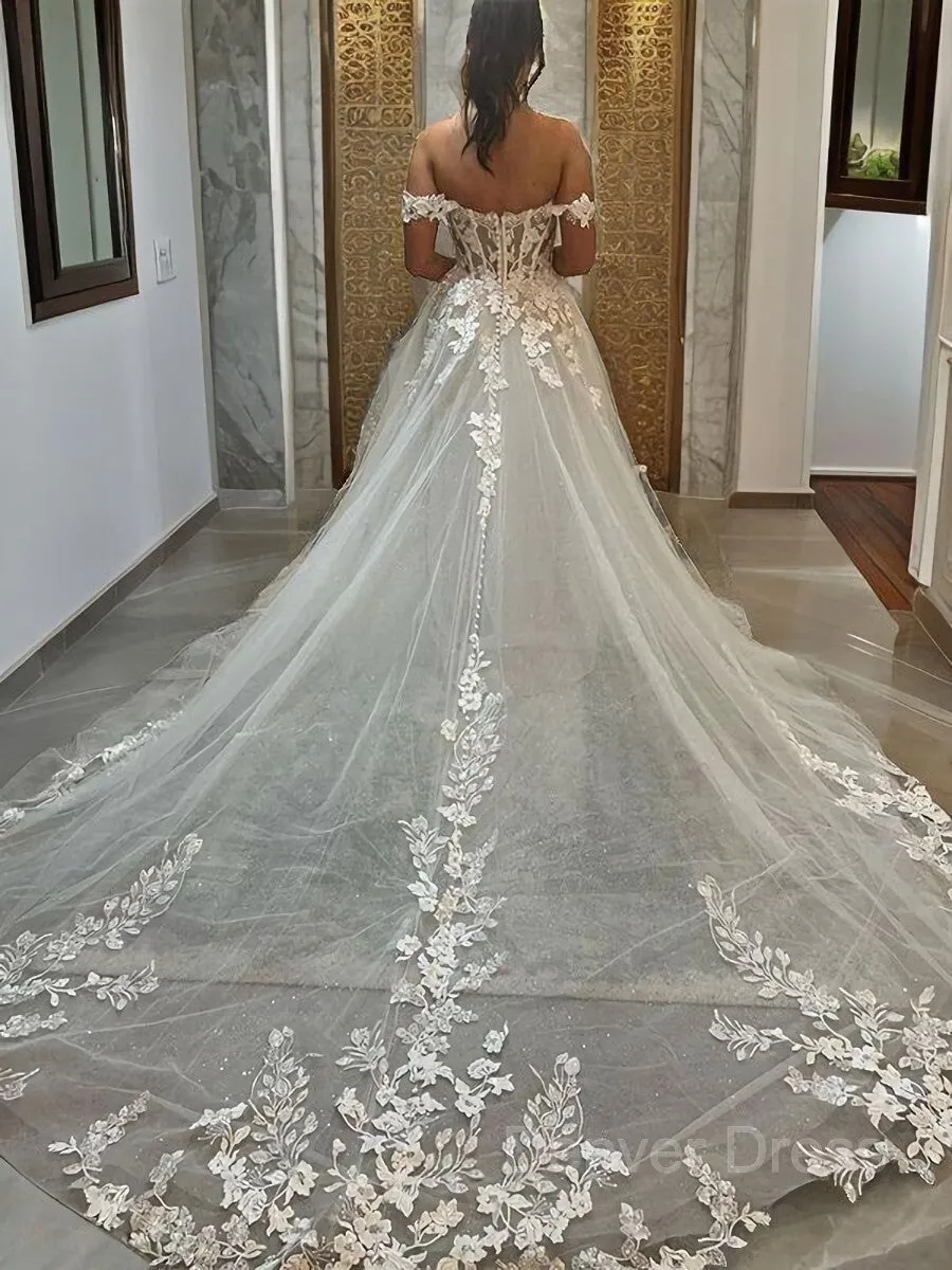 A-Line Off-the-Shoulder Chapel Train Tulle Wedding Dress with Appliques Lace