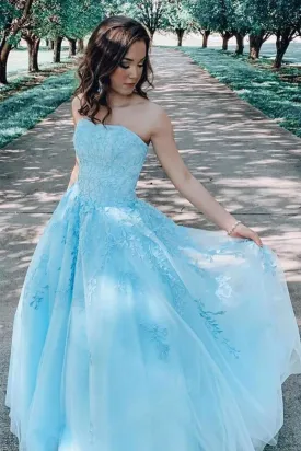 A-line Sky Blue Lace Appliques Strapless Long Prom Dress Graduation Dresses
