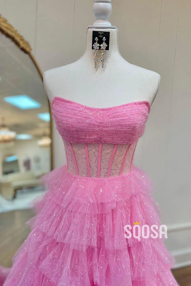 A-Line Strapless Pink Tulle Sparkle Ball Gown Long Prom Dress Evening Gowns QP1276