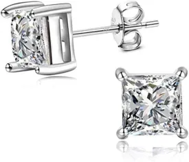 Adabele Authentic Sterling Silver Hypoallergenic 3mm-8mm Cubic Zirconia Diamond Gemstone Princess Cut Stud Earrings Nickel Free Tarnish Resistant Women Men Fine Jewelry