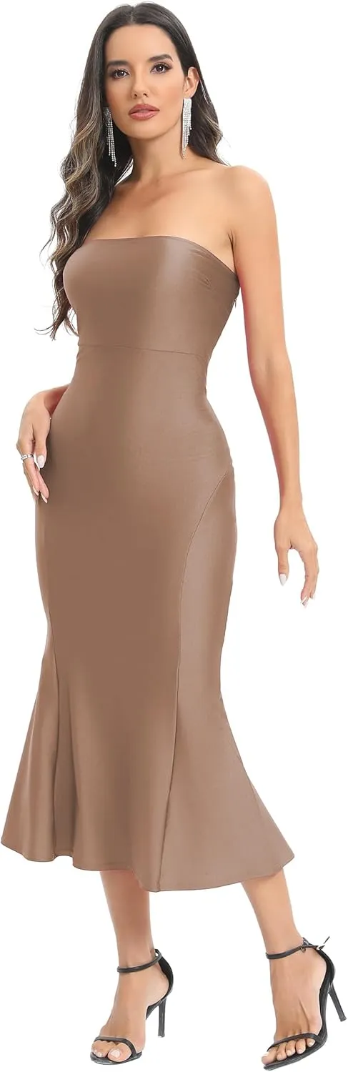 Aigeman Women's Sexy Off Shoulder Sleeveless Bodycon Mermaid Midi Dress Strapless Tube Elegant Cocktail Party Dress 292