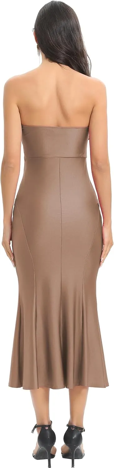 Aigeman Women's Sexy Off Shoulder Sleeveless Bodycon Mermaid Midi Dress Strapless Tube Elegant Cocktail Party Dress 292