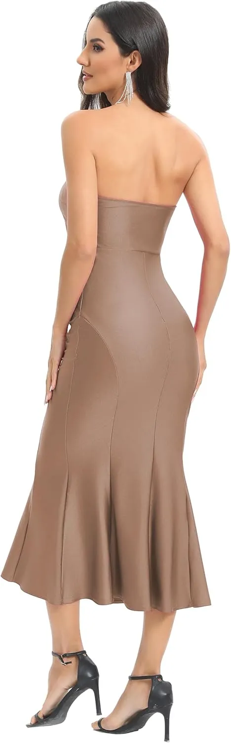 Aigeman Women's Sexy Off Shoulder Sleeveless Bodycon Mermaid Midi Dress Strapless Tube Elegant Cocktail Party Dress 292