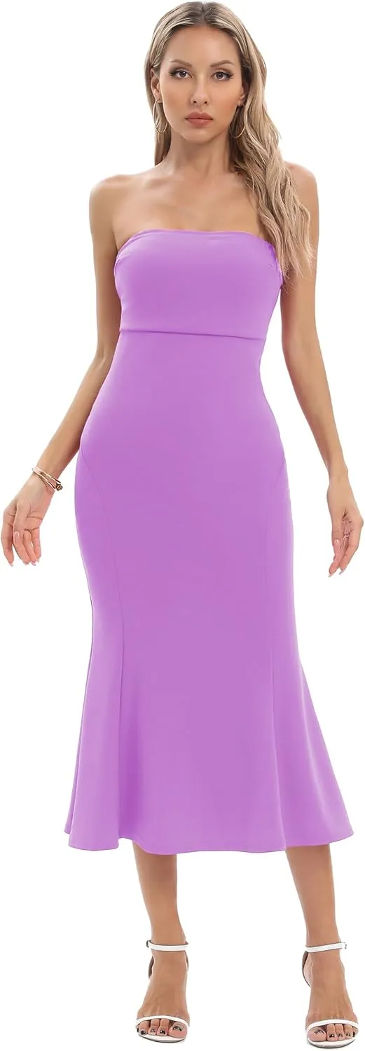Aigeman Women's Sexy Off Shoulder Sleeveless Bodycon Mermaid Midi Dress Strapless Tube Elegant Cocktail Party Dress 292