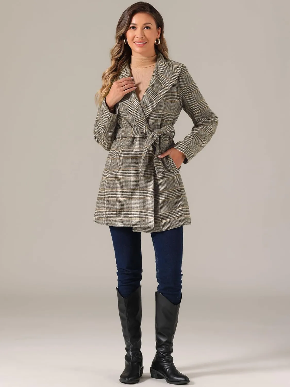 Allegra K Women's Plaid Belted Shawl Collar Tie Waist Wrap Overcoat Fall Winter Coat