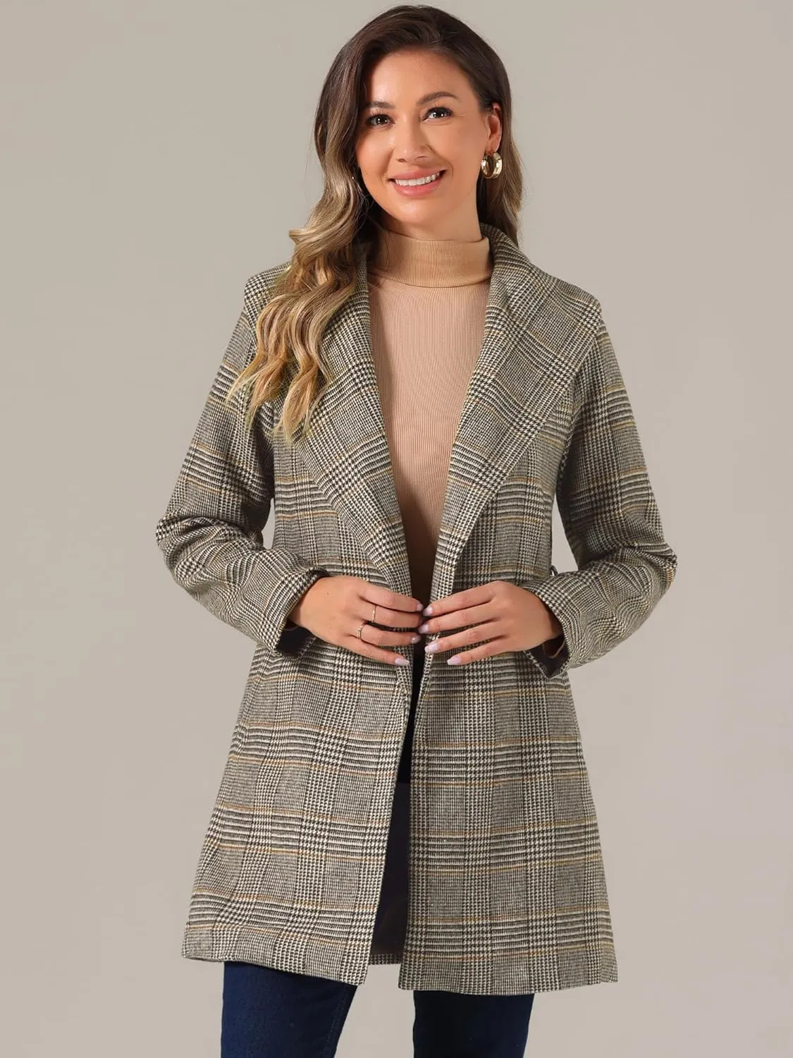Allegra K Women's Plaid Belted Shawl Collar Tie Waist Wrap Overcoat Fall Winter Coat