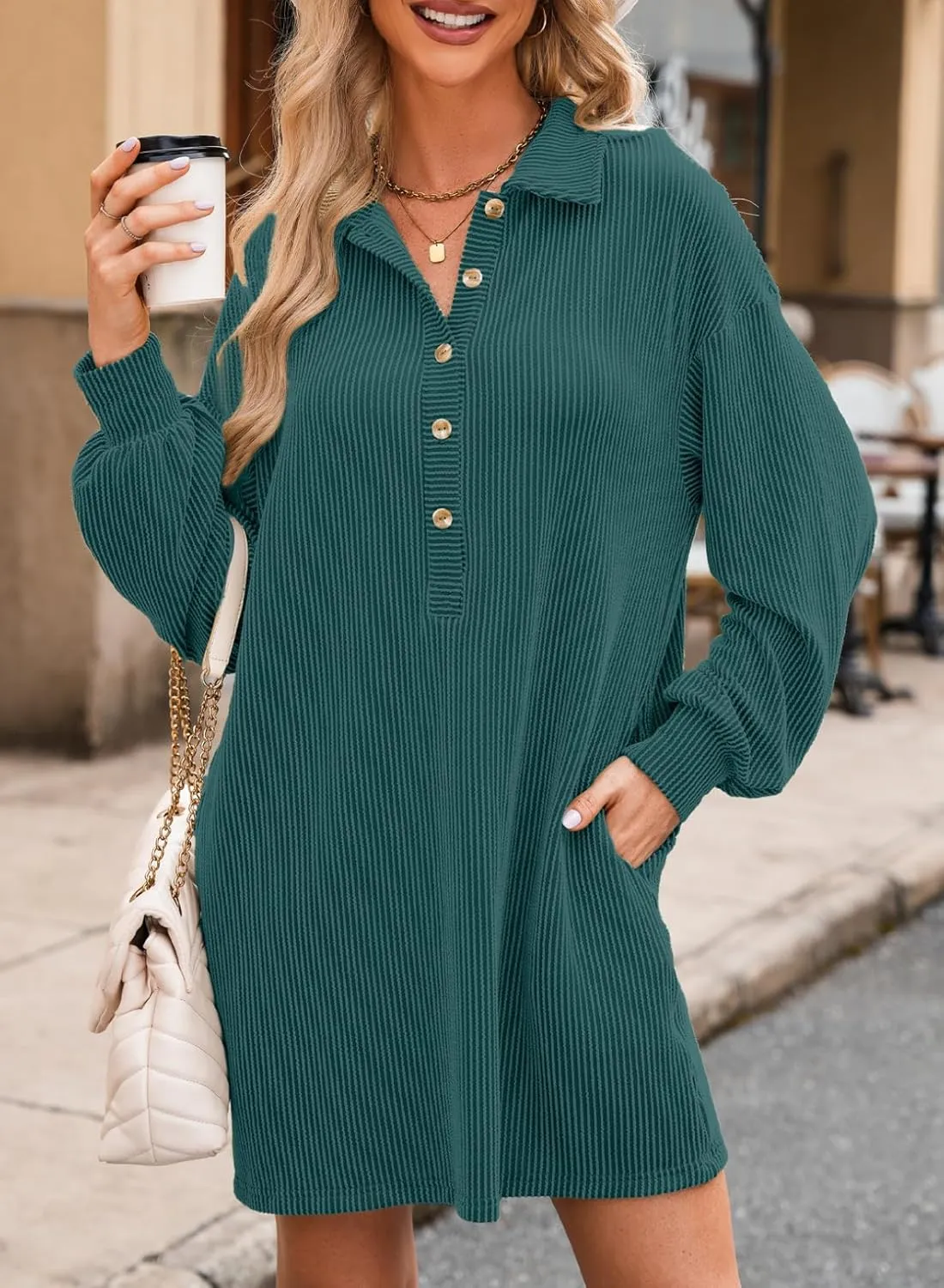 AlvaQ Womens Long Sleeve Dress Loose Button Front Lapel Collared Ribbed Knit Mini Dresses with Pockets