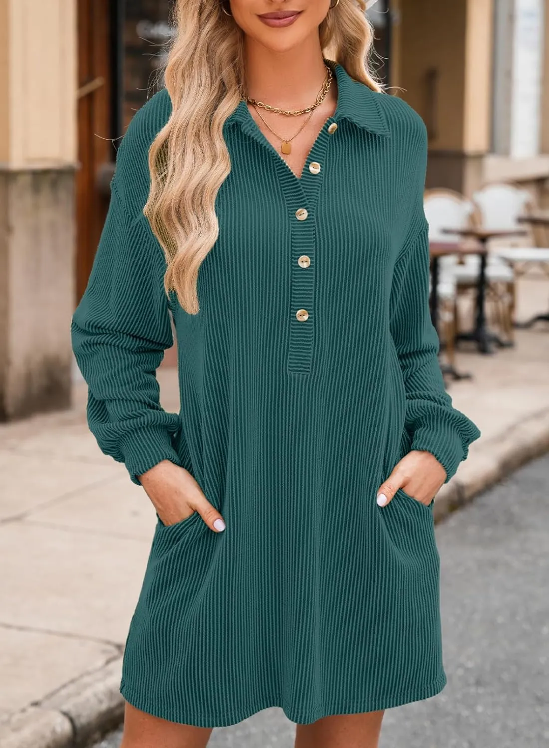 AlvaQ Womens Long Sleeve Dress Loose Button Front Lapel Collared Ribbed Knit Mini Dresses with Pockets