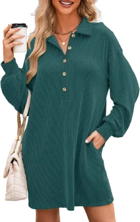AlvaQ Womens Long Sleeve Dress Loose Button Front Lapel Collared Ribbed Knit Mini Dresses with Pockets