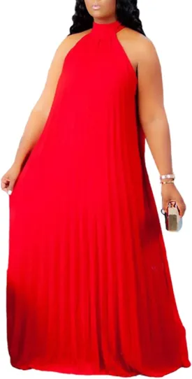 Aro Lora Womens Casual Sleeveless Plus Size Chiffon Halter Neck Pleated Loose Long Maxi Dress
