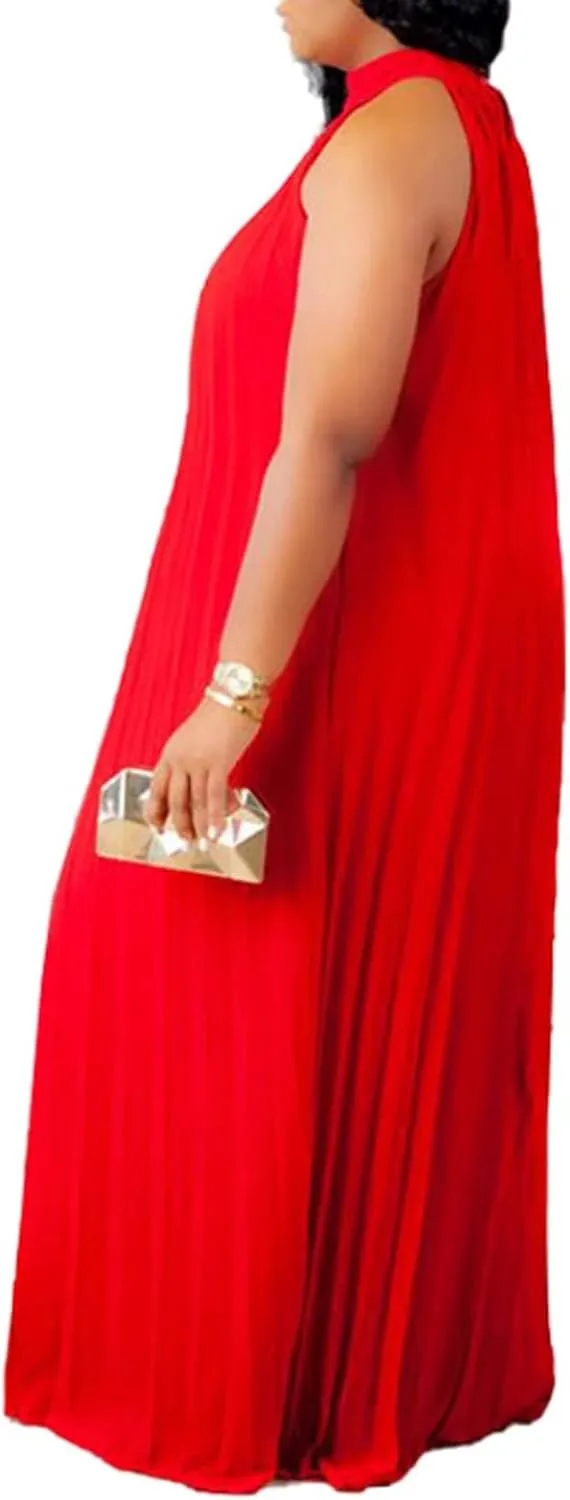 Aro Lora Womens Casual Sleeveless Plus Size Chiffon Halter Neck Pleated Loose Long Maxi Dress