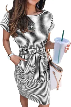 BAXLIMEK Midi Dresses for Women,2025 Summer Trendy Striped Casual Crewneck Short Sleeve T Shirt Dress Tie Waist with Pockets
