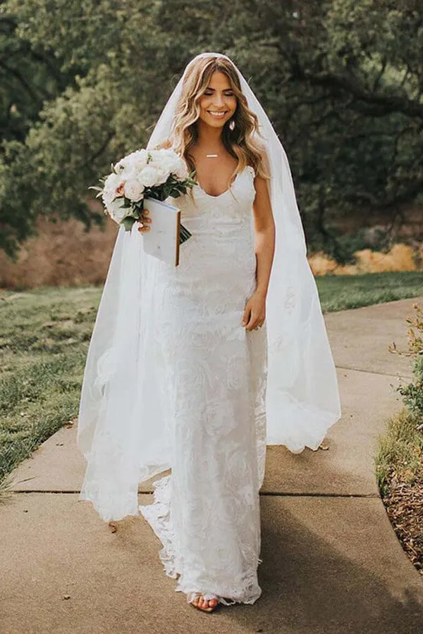 Boho A-line Rose Lace V-neck Spaghetti Straps Beach Wedding Dresses, SW469