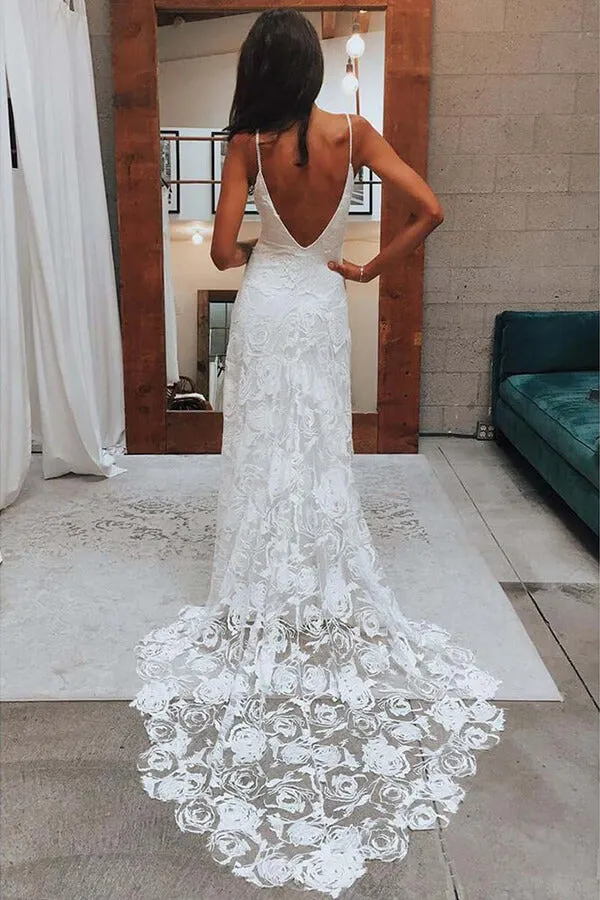 Boho A-line Rose Lace V-neck Spaghetti Straps Beach Wedding Dresses, SW469