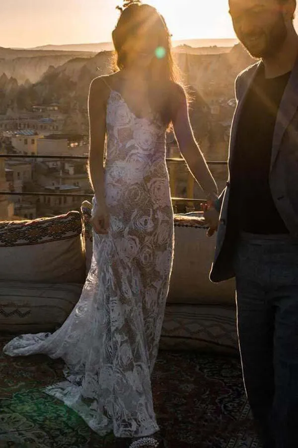 Boho A-line Rose Lace V-neck Spaghetti Straps Beach Wedding Dresses, SW469