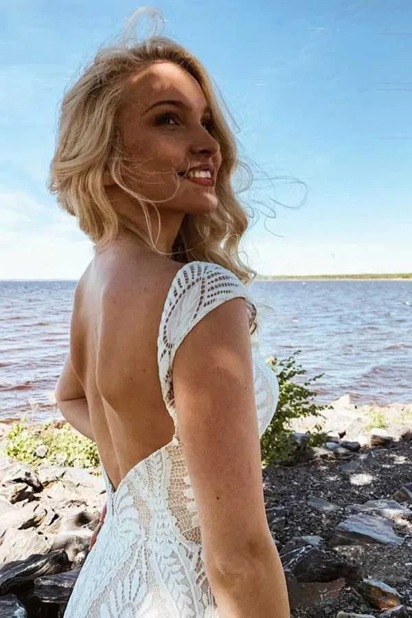 Boho Lace Sheath Cap Sleeve Wedding Dress With Sweep Train WW262