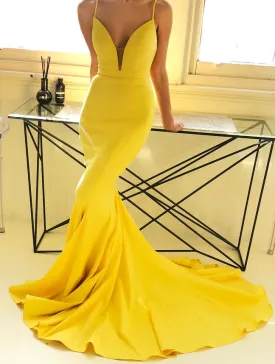 Bright Mermaid Sleeveless Spaghetti Strap Evening Dress | Yellow V-Neck Zipper Prom Gown On Sale BM0937