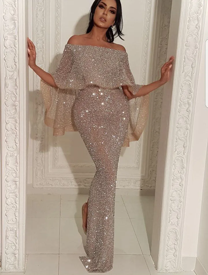 Charming Off-the-Shoulder Sequins Prom Gowns | Long Mermaid Evening Dress With Ruffles BC1019
