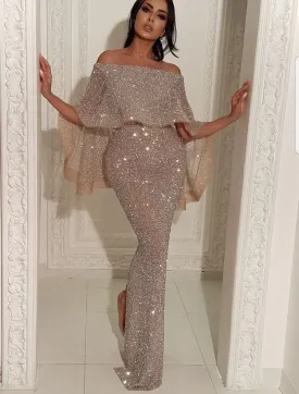Charming Off-the-Shoulder Sequins Prom Gowns | Long Mermaid Evening Dress With Ruffles BC1019