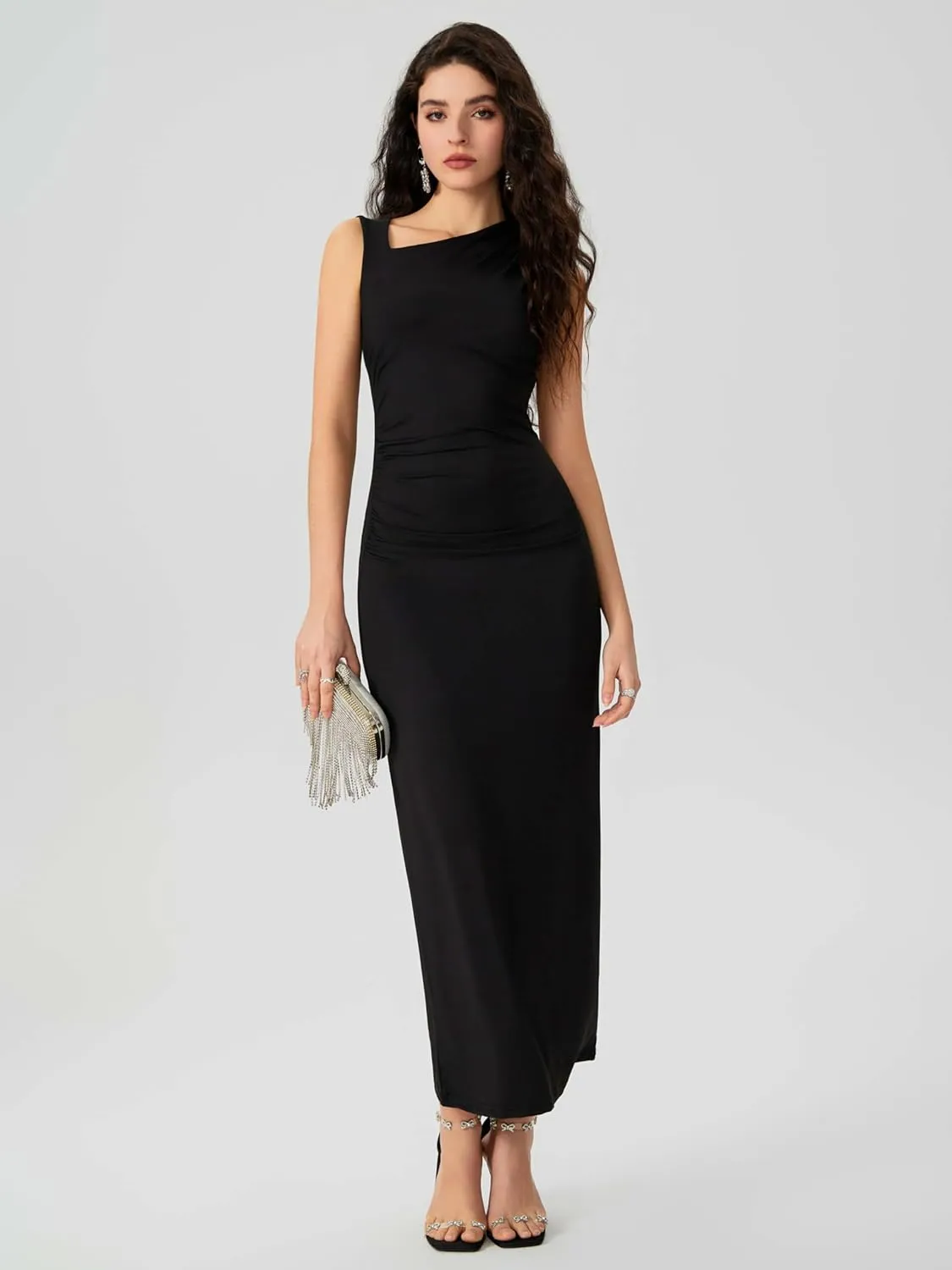 CIDER Women's Cocktail Dress Asymmetrical Neck Ruched Formal Dresses Bodycon Long Maxi Wedding Guest Dresses for Summer