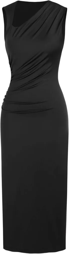 CIDER Women's Cocktail Dress Asymmetrical Neck Ruched Formal Dresses Bodycon Long Maxi Wedding Guest Dresses for Summer