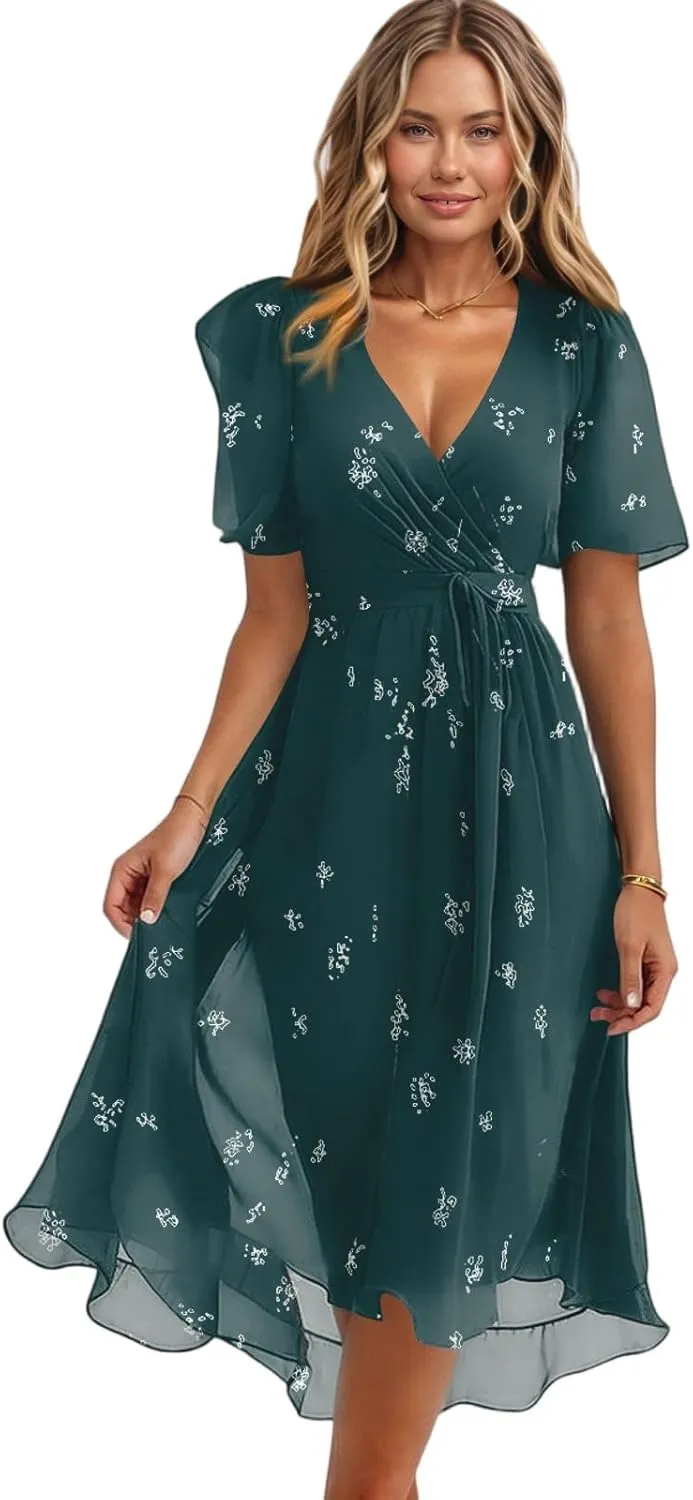 Dresses for Women 2025 Summer Print V-Neck Empire Waist Chiffon A-Line Dress Belted Elegant Flowy Dresses