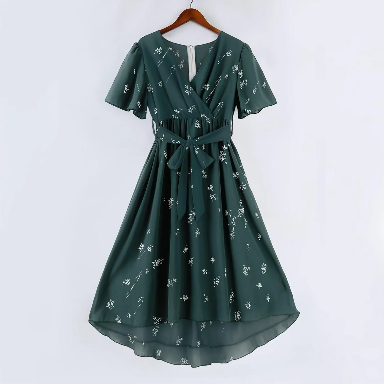 Dresses for Women 2025 Summer Print V-Neck Empire Waist Chiffon A-Line Dress Belted Elegant Flowy Dresses