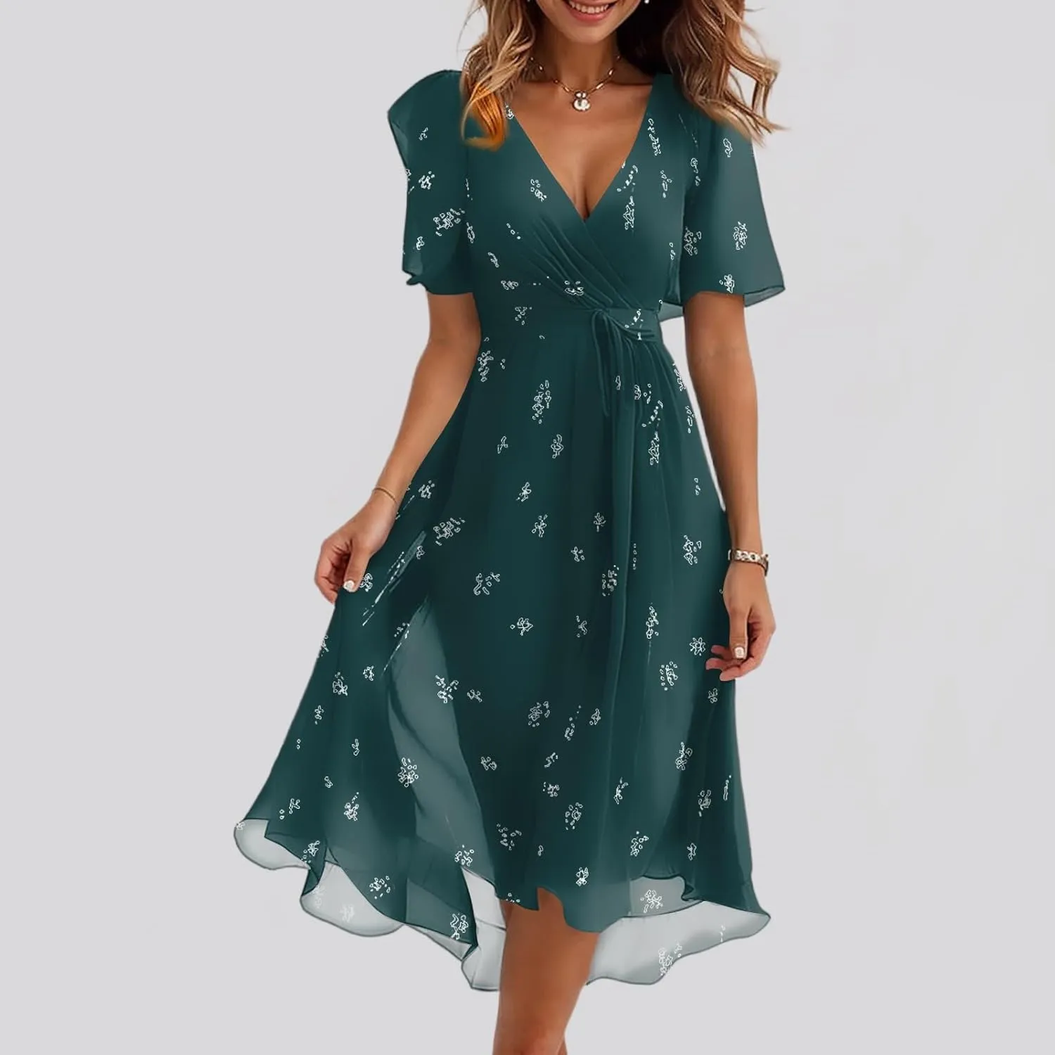 Dresses for Women 2025 Summer Print V-Neck Empire Waist Chiffon A-Line Dress Belted Elegant Flowy Dresses