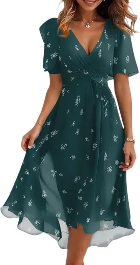 Dresses for Women 2025 Summer Print V-Neck Empire Waist Chiffon A-Line Dress Belted Elegant Flowy Dresses