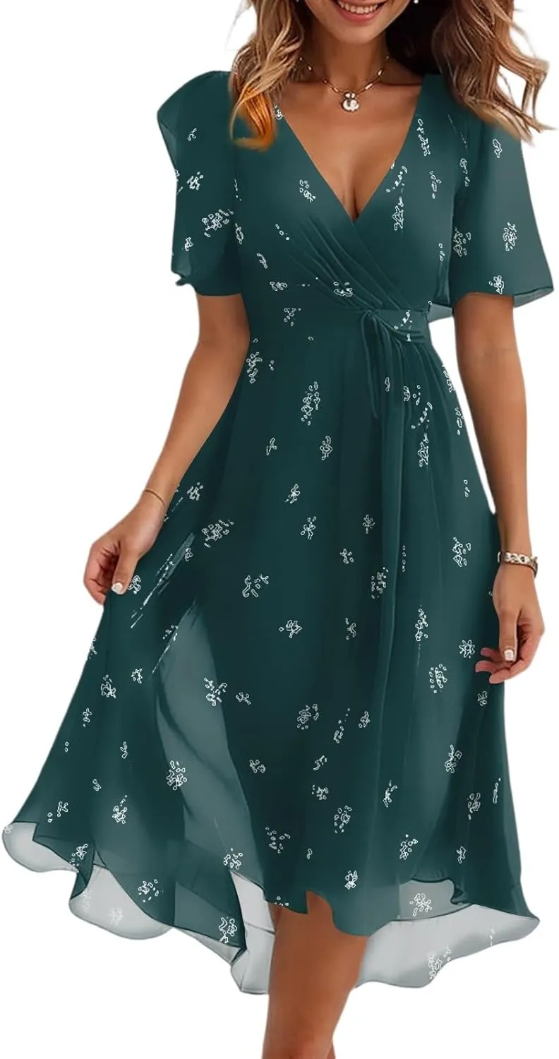 Dresses for Women 2025 Summer Print V-Neck Empire Waist Chiffon A-Line Dress Belted Elegant Flowy Dresses