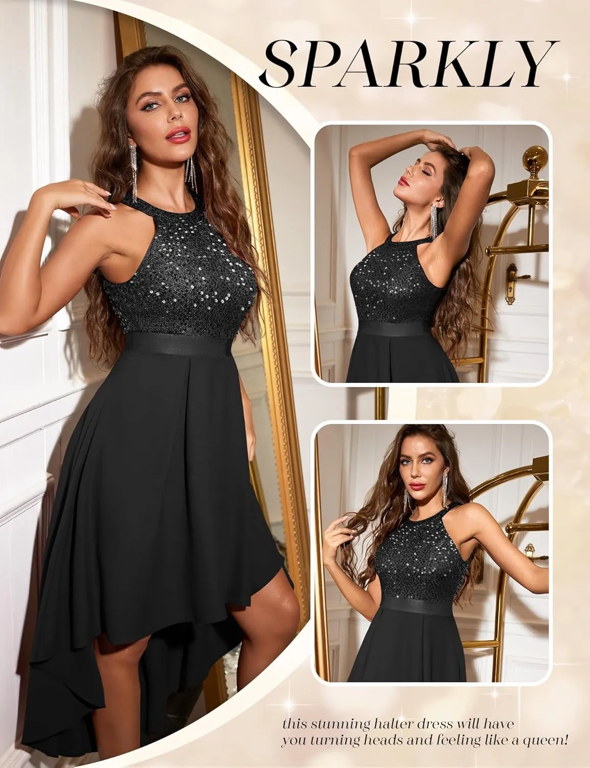 Dressystar Women's Sequin Halter Cocktail Prom Dresses Hi-Lo Sparkly Glitter Homecoming Bridesmaid Wedding Dress