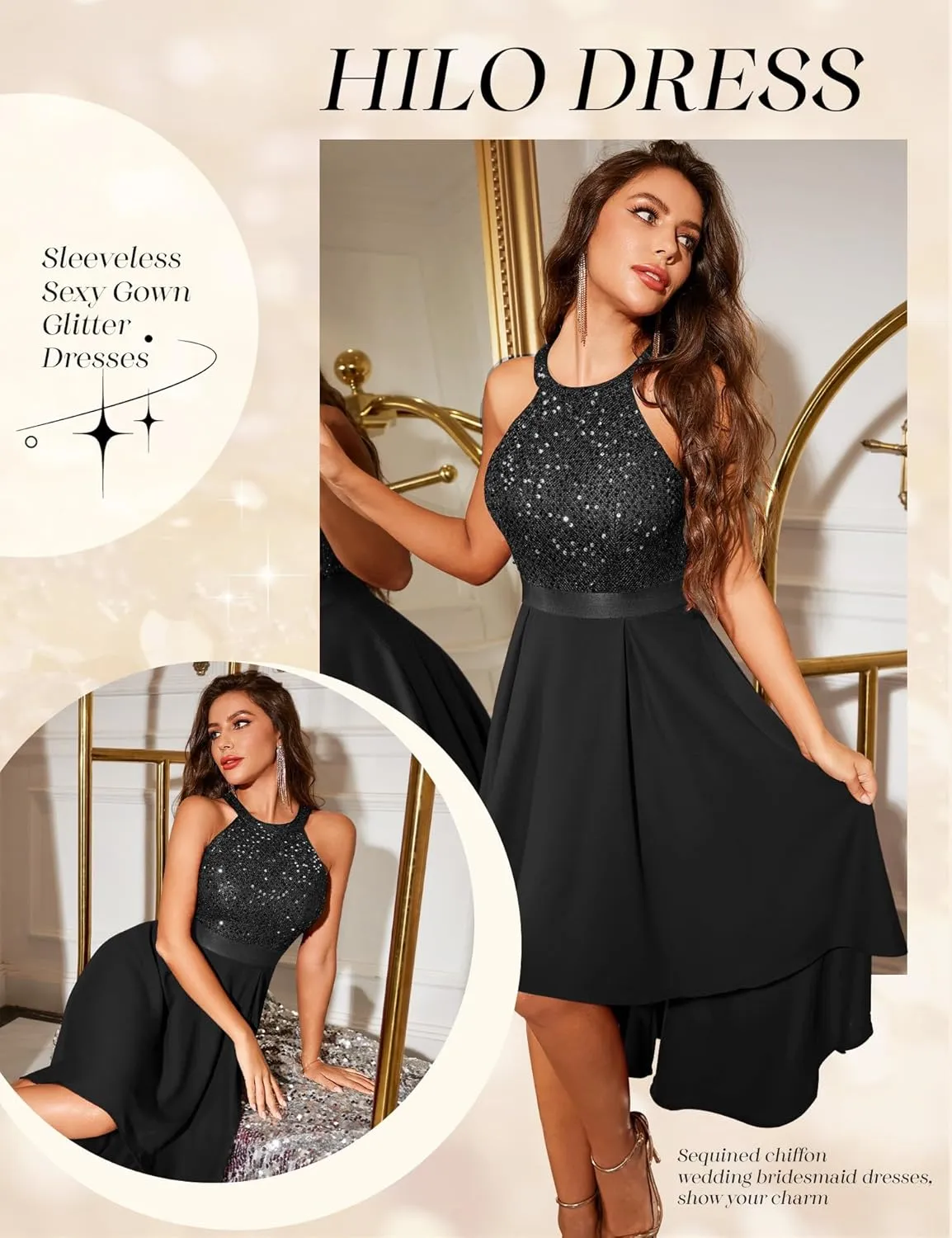 Dressystar Women's Sequin Halter Cocktail Prom Dresses Hi-Lo Sparkly Glitter Homecoming Bridesmaid Wedding Dress