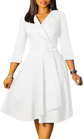 Elainone Women 3/4 Sleeve Casual Swing Flared A Line Dress Wedding Guest Semi Formal Office Work Dresses with Belt