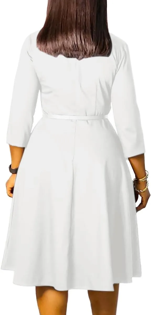 Elainone Women 3/4 Sleeve Casual Swing Flared A Line Dress Wedding Guest Semi Formal Office Work Dresses with Belt