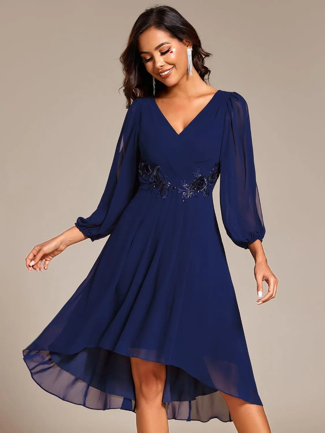 Ever-Pretty Womens Chiffon Lantern Long Sleeves Pleated Appliqued Empire Waist Midi Length Semi Formal Dresses 02926