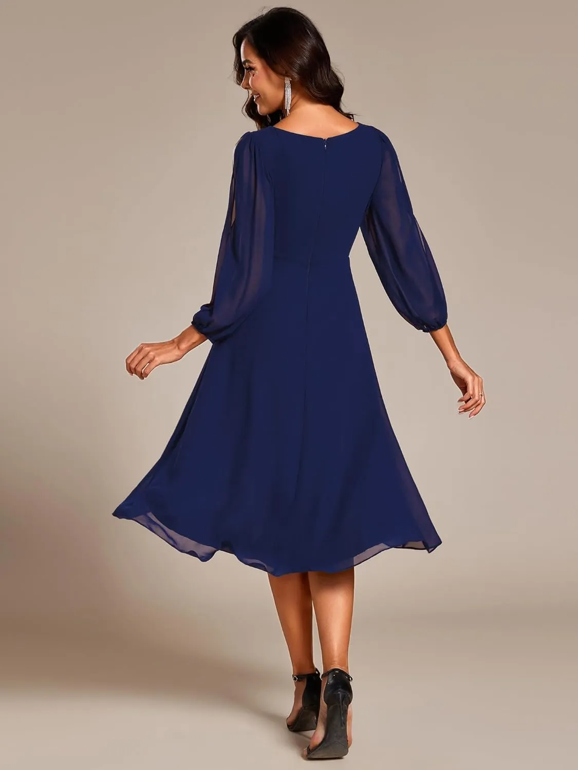 Ever-Pretty Womens Chiffon Lantern Long Sleeves Pleated Appliqued Empire Waist Midi Length Semi Formal Dresses 02926