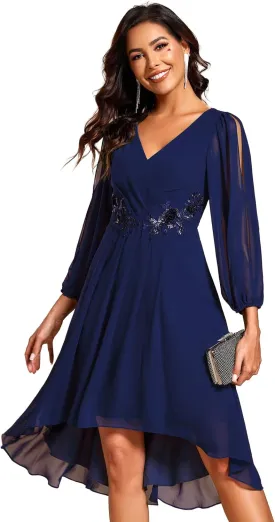 Ever-Pretty Womens Chiffon Lantern Long Sleeves Pleated Appliqued Empire Waist Midi Length Semi Formal Dresses 02926