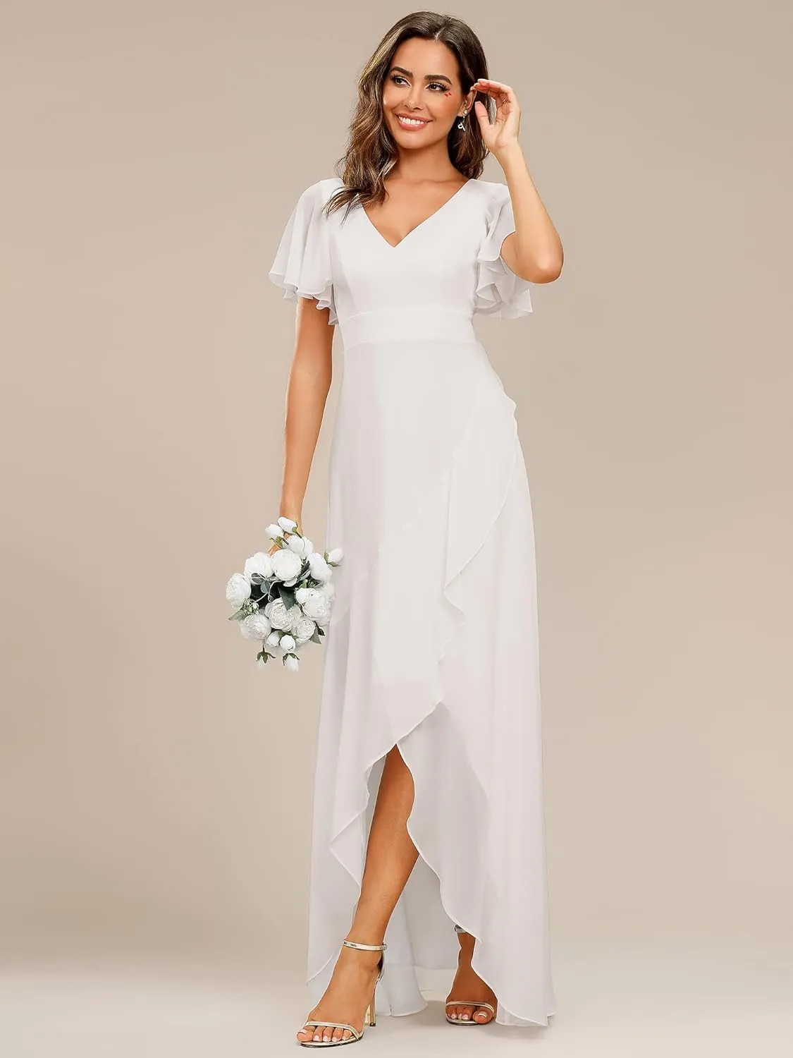 Ever-Pretty Women's Double V Neck A Line Ruffle Hem Backless High Low Chiffon Bridesmaid Dresses 01749