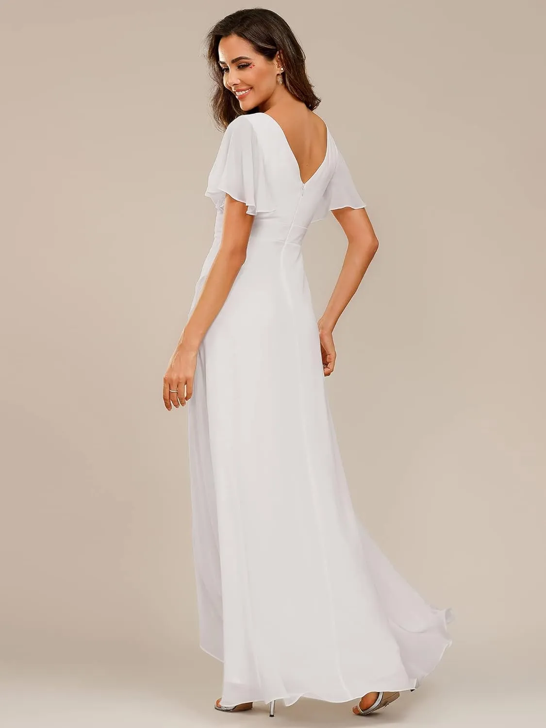 Ever-Pretty Women's Double V Neck A Line Ruffle Hem Backless High Low Chiffon Bridesmaid Dresses 01749