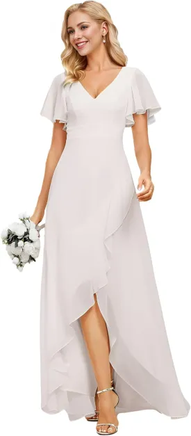 Ever-Pretty Women's Double V Neck A Line Ruffle Hem Backless High Low Chiffon Bridesmaid Dresses 01749
