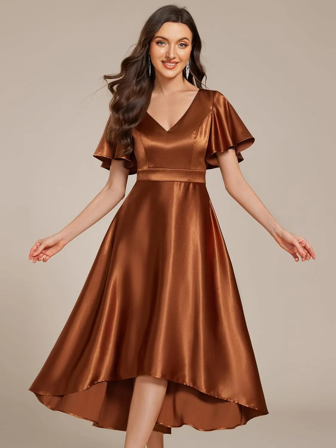 Ever-Pretty Women's Satin Short Ruffles Sleeves A Line Empire Waist Wedding Guest Dress with Pockets 02335