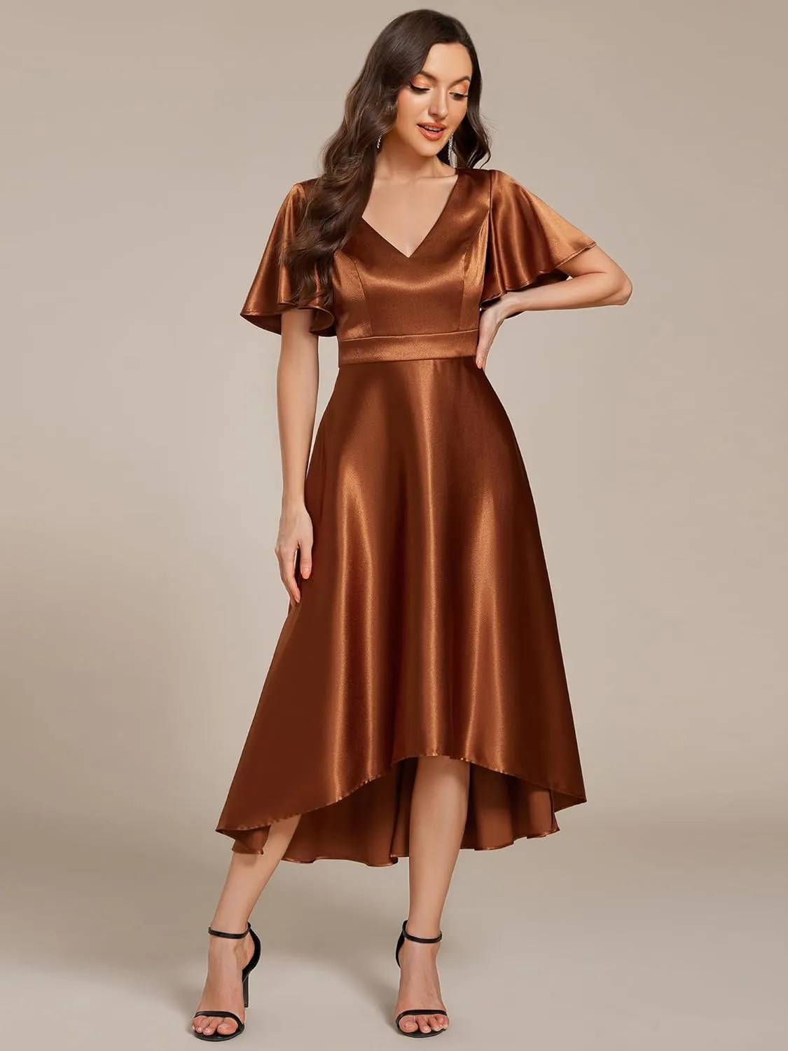 Ever-Pretty Women's Satin Short Ruffles Sleeves A Line Empire Waist Wedding Guest Dress with Pockets 02335