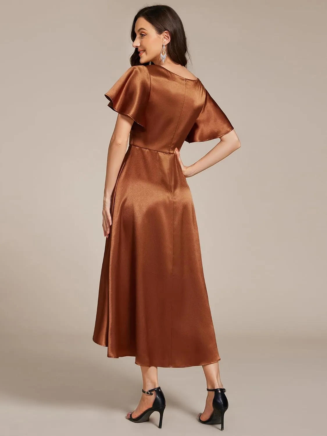 Ever-Pretty Women's Satin Short Ruffles Sleeves A Line Empire Waist Wedding Guest Dress with Pockets 02335