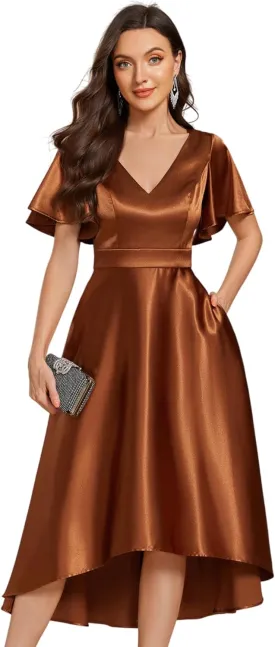 Ever-Pretty Women's Satin Short Ruffles Sleeves A Line Empire Waist Wedding Guest Dress with Pockets 02335