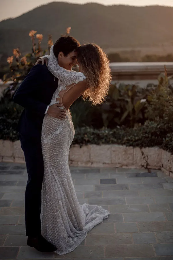 Fabulous Long Sleeve Illusion Neckline Backless Wedding Dress WW283