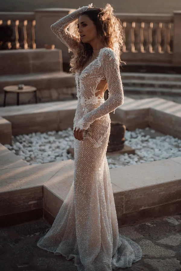 Fabulous Long Sleeve Illusion Neckline Backless Wedding Dress WW283